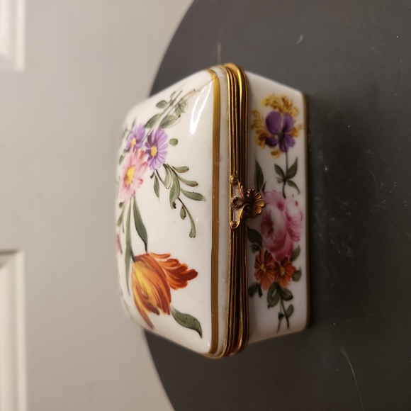 Antique Hand Painted Floral Porcelain Bisque & Brass French Trinket / Snuff Box